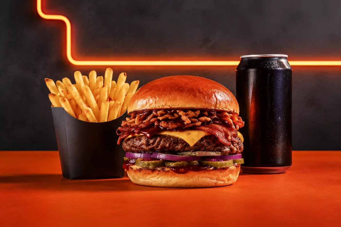 Burger, cartofi și băutură, imagine de prezentare combo